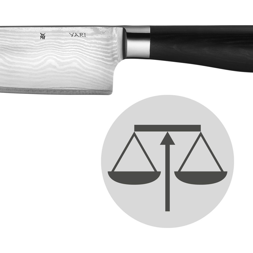 Ein Messer mit Damastmuster und ein Waagensymbol.