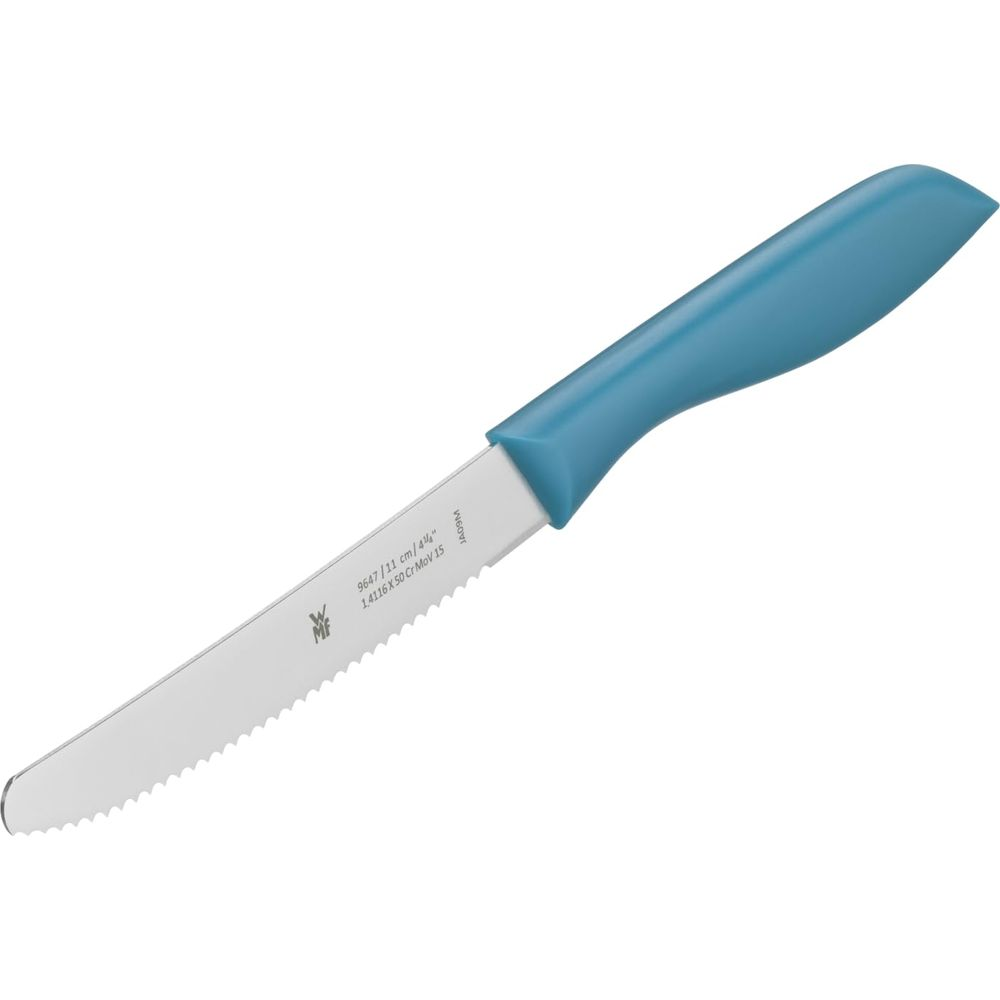 Un couteau de cuisine avec une lame dentelée et un manche bleu.