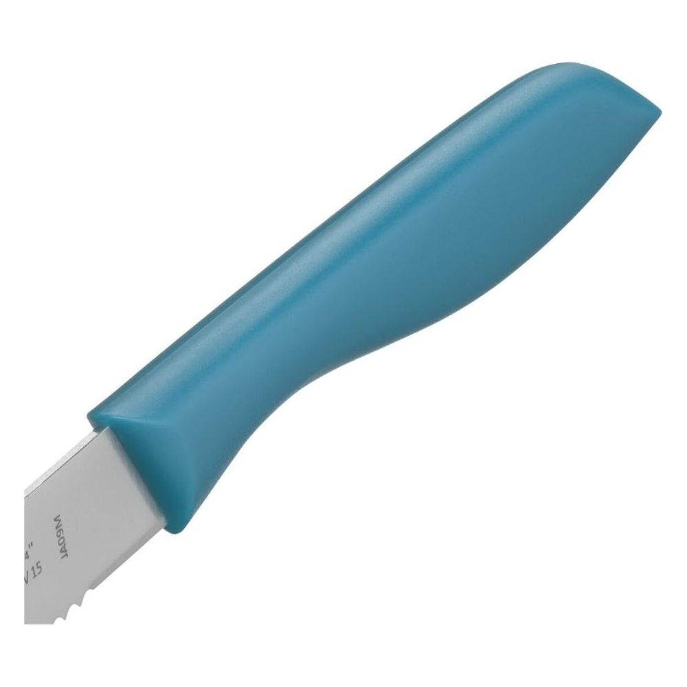 Un manche de couteau bleu avec une partie de lame dentelée argentée.