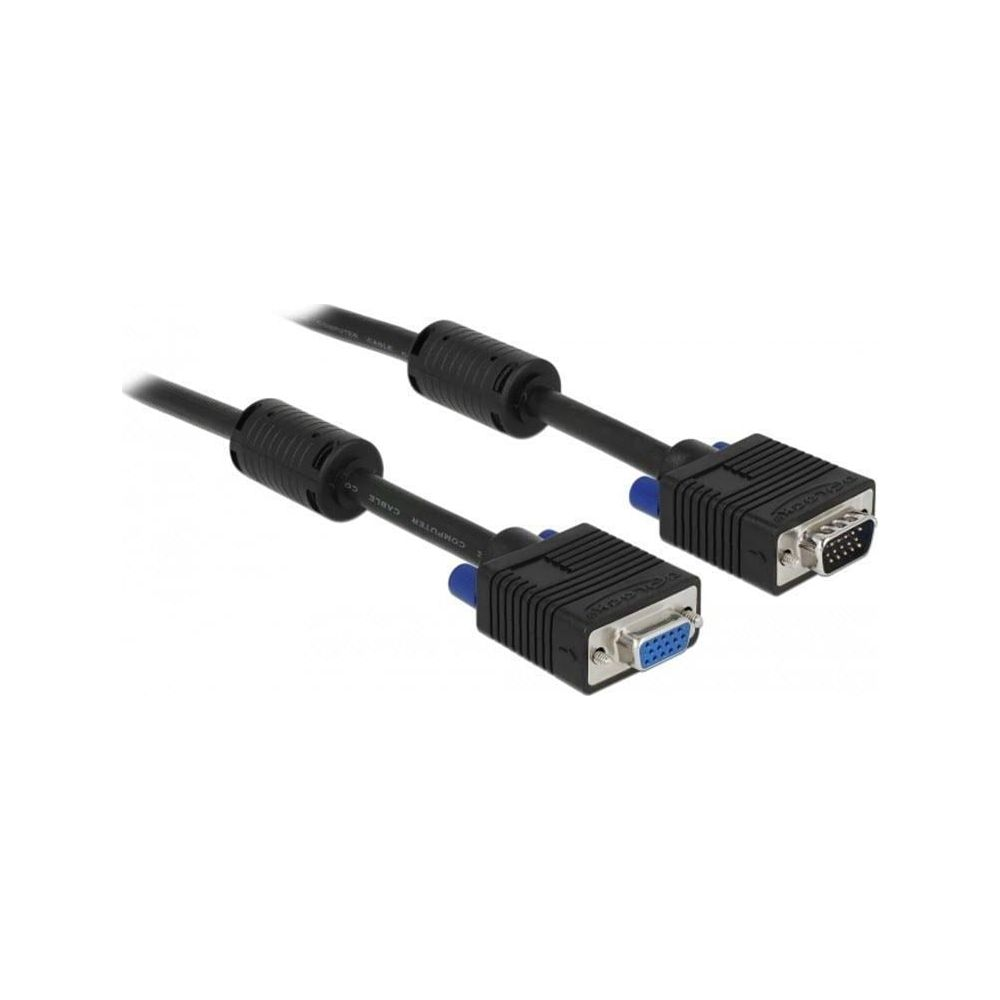 Due cavi VGA neri con connettori blu giacciono uno accanto all'altro.