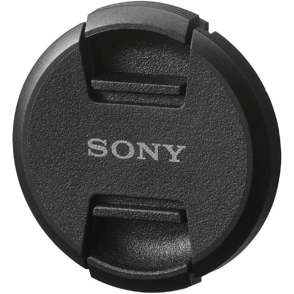 Czarna osłona obiektywu Sony z wypukłym logo.