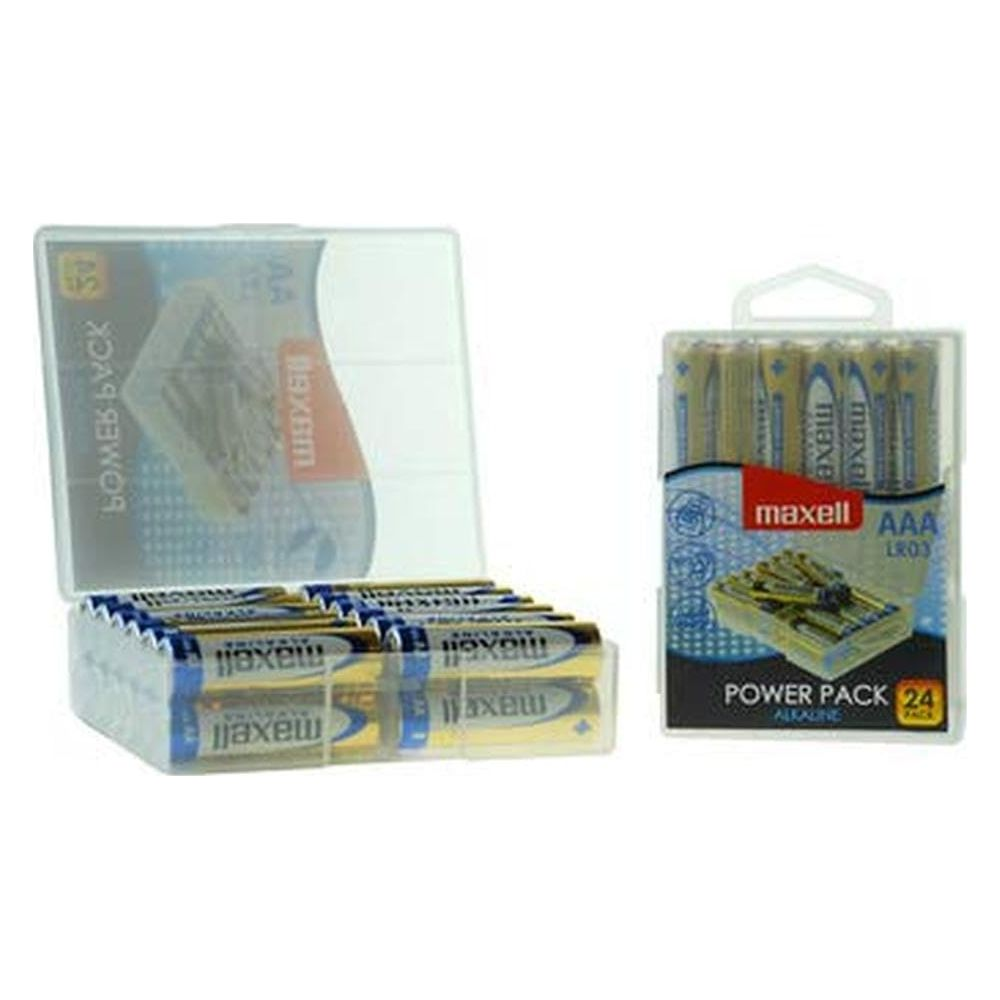 Dwa opakowania baterii Maxell. Jedno otwarte pudełko z bateriami AAA, jedno zapakowane 24 baterie AAA.