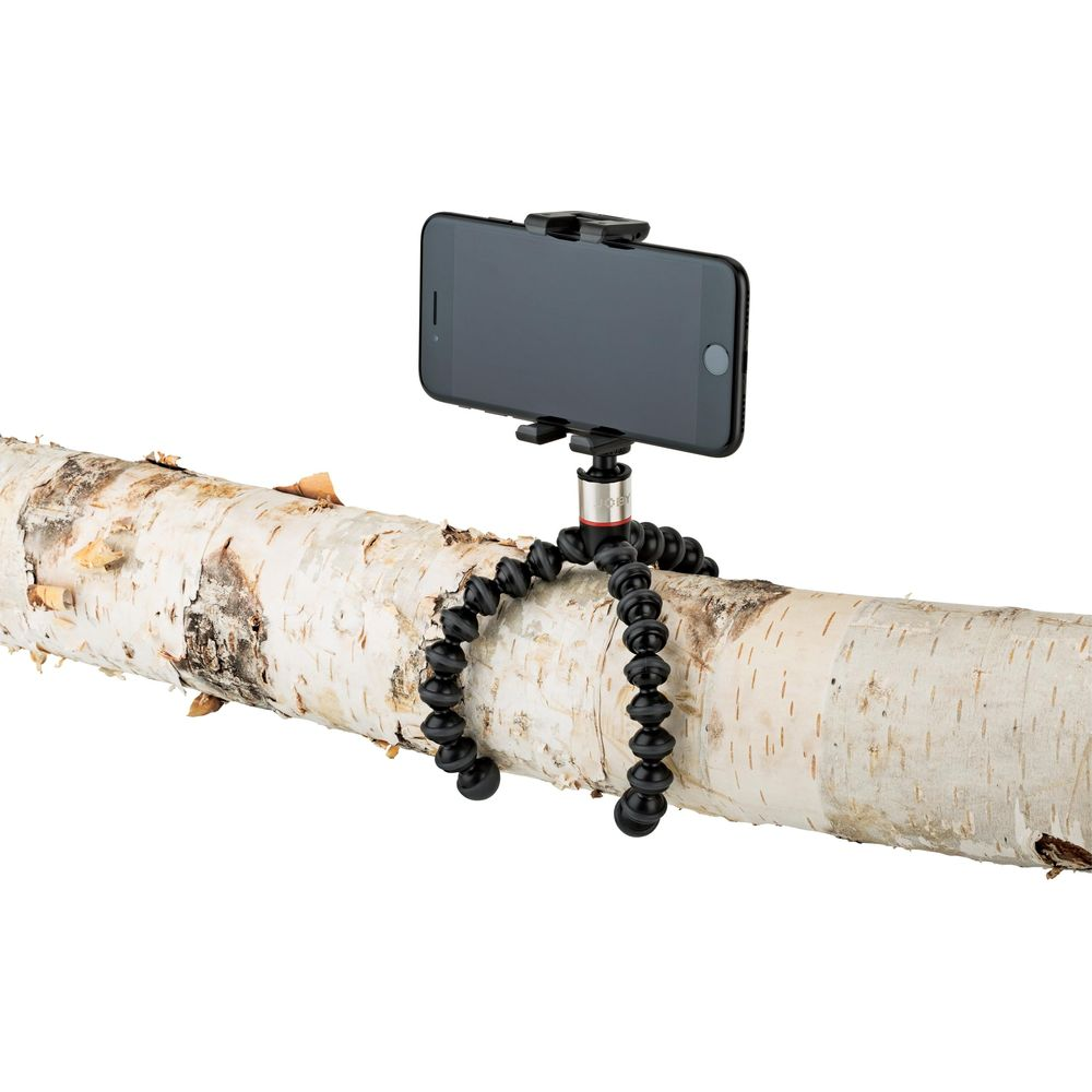 Ein flexibles Stativ hält ein Smartphone auf einem Baumstamm.