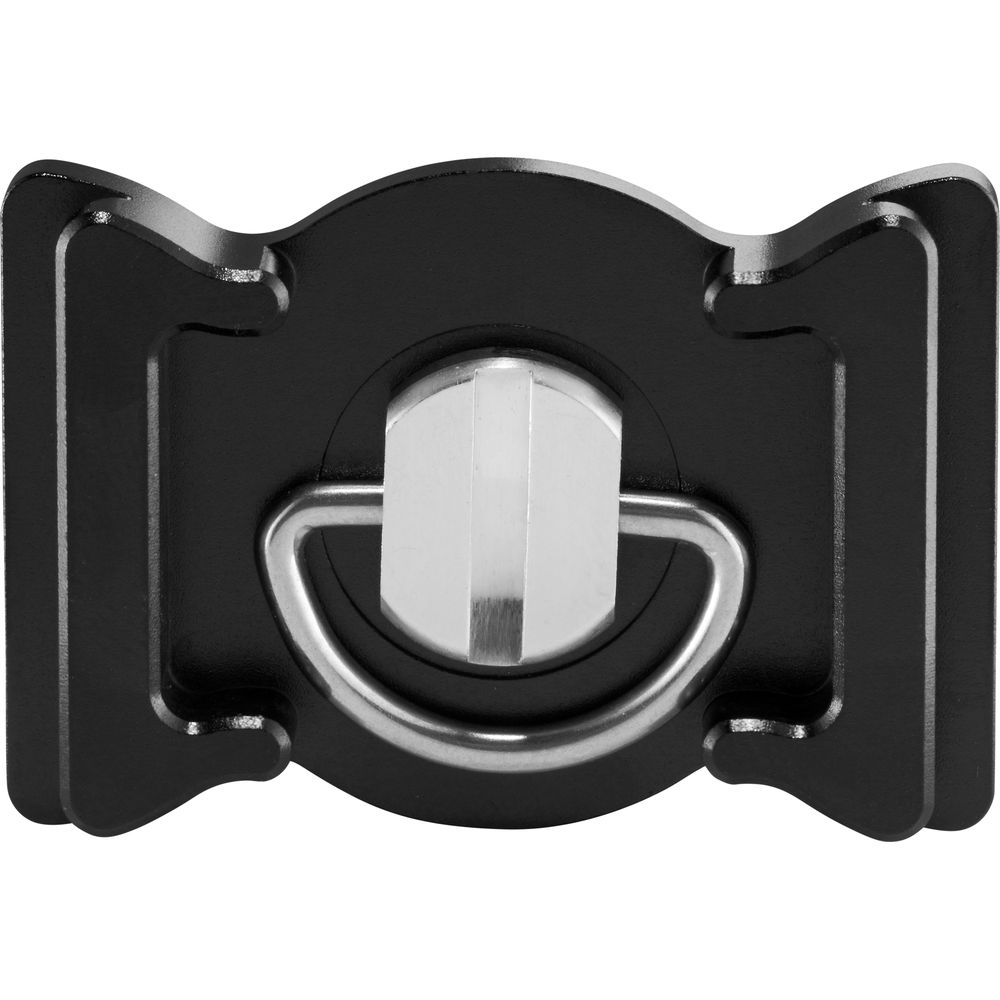 Schwarzer Kameragurt-Schnellverschluss mit silbernem D-Ring und Schraube.