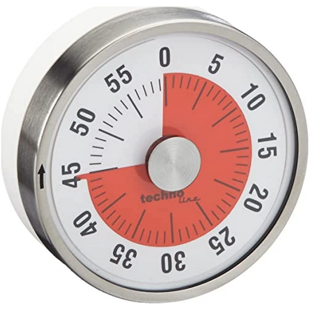 Ein runder mechanischer Timer mit rotem Zifferblatt und schwarzen Zahlen.