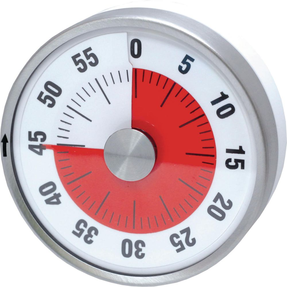 Ein weißer Küchentimer mit rotem Sektor bis 45 Min. und Metallknopf.