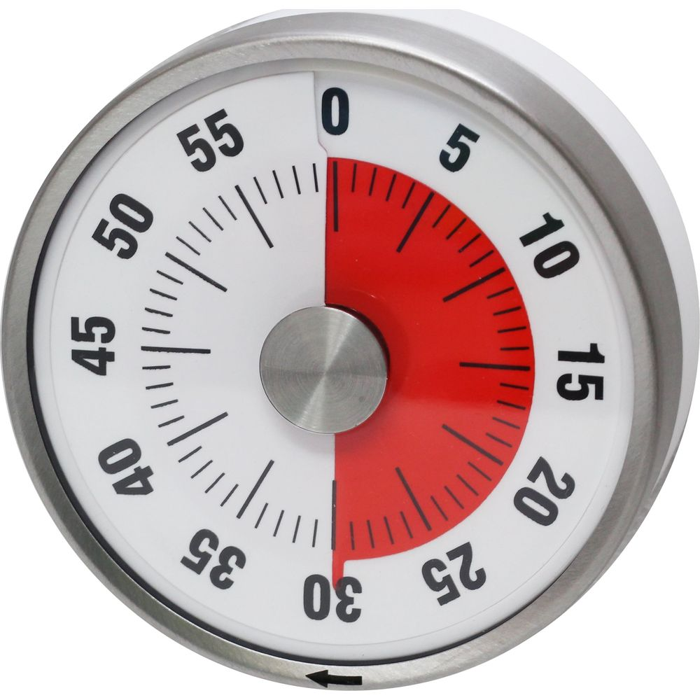 Ein weißer Timer mit rotem und weißem Zifferblatt und silbernem Knopf.