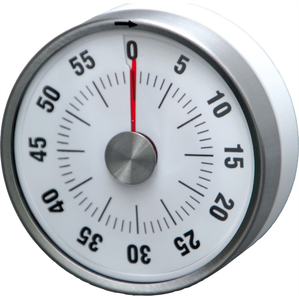 Ein weißer Küchentimer mit silbernem Rahmen und rotem Zeiger auf Null.