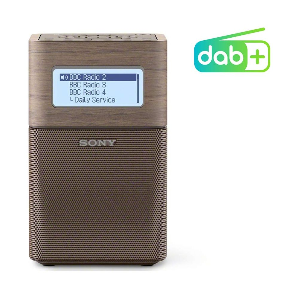 Brązowe radio Sony DAB+ z listą stacji na ekranie.