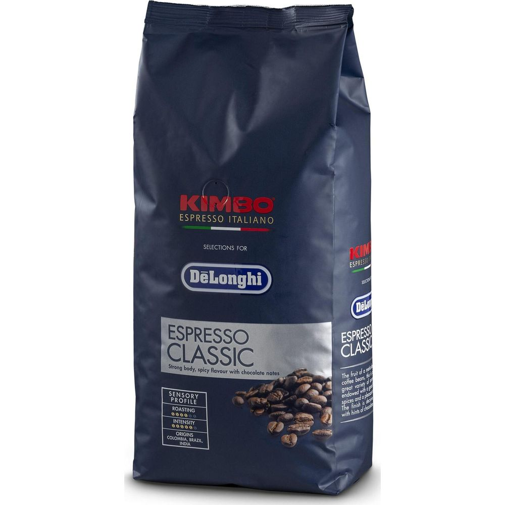 Dunkelblaue Packung Kimbo Espresso Classic Kaffee mit gerösteten Bohnen.