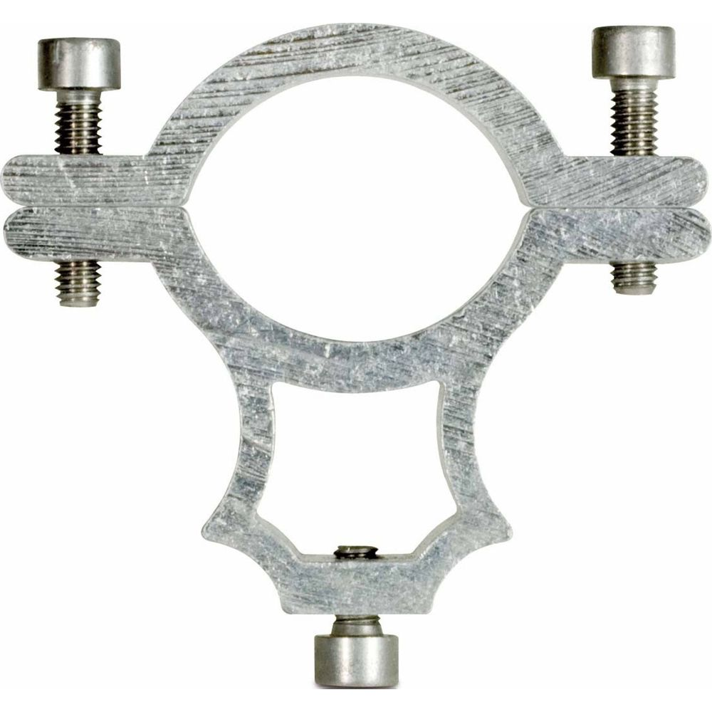 Un morsetto metallico argentato con viti su sfondo bianco.