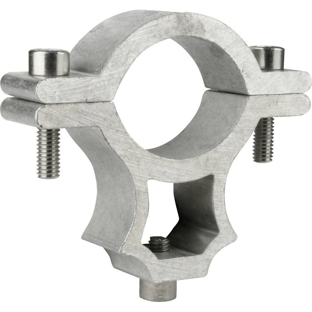Un morsetto metallico argentato con viti e un ritaglio esagonale.