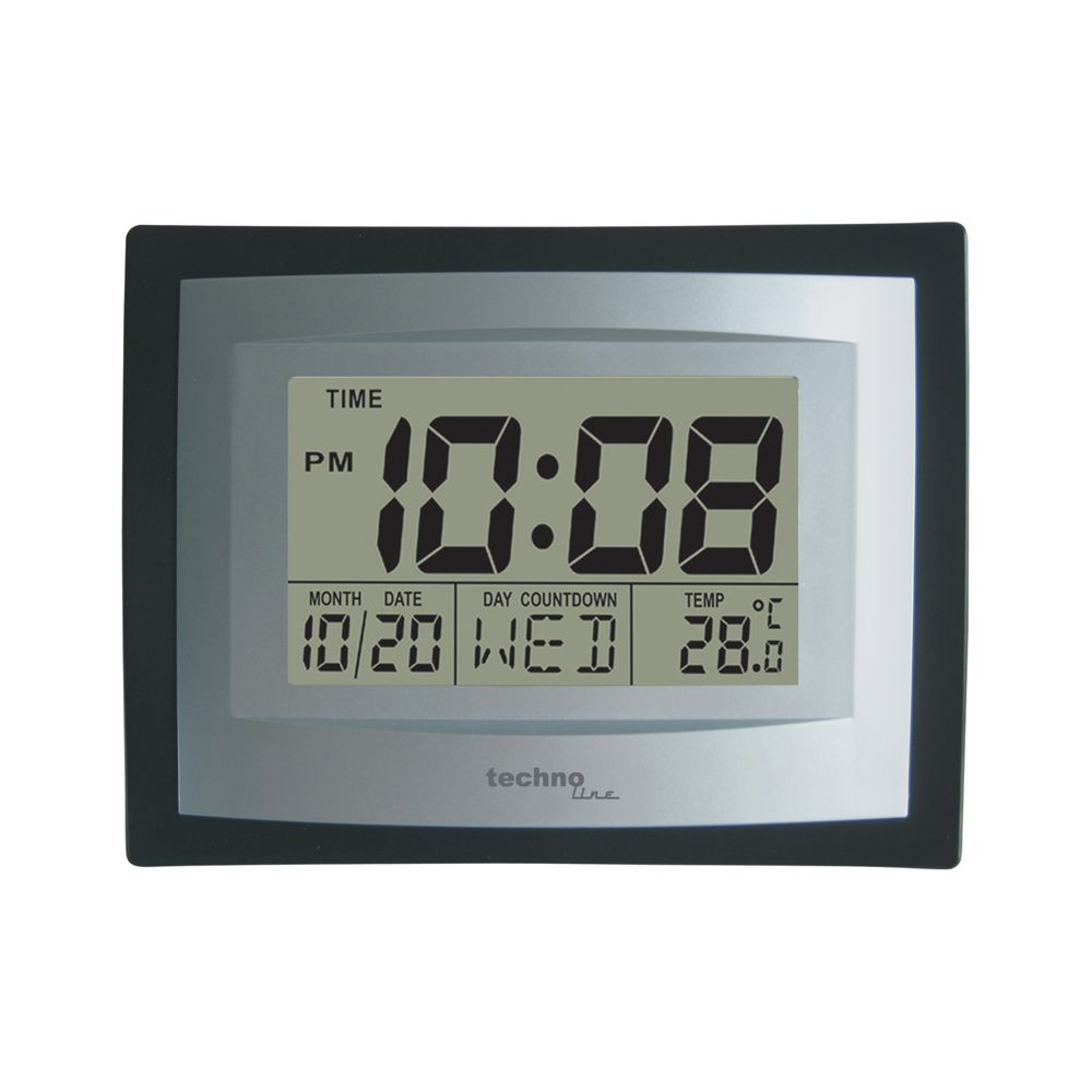 Digitaluhr zeigt 10:08 Uhr, 10/20, Mi, 28.0°C. Techno Line Logo.
