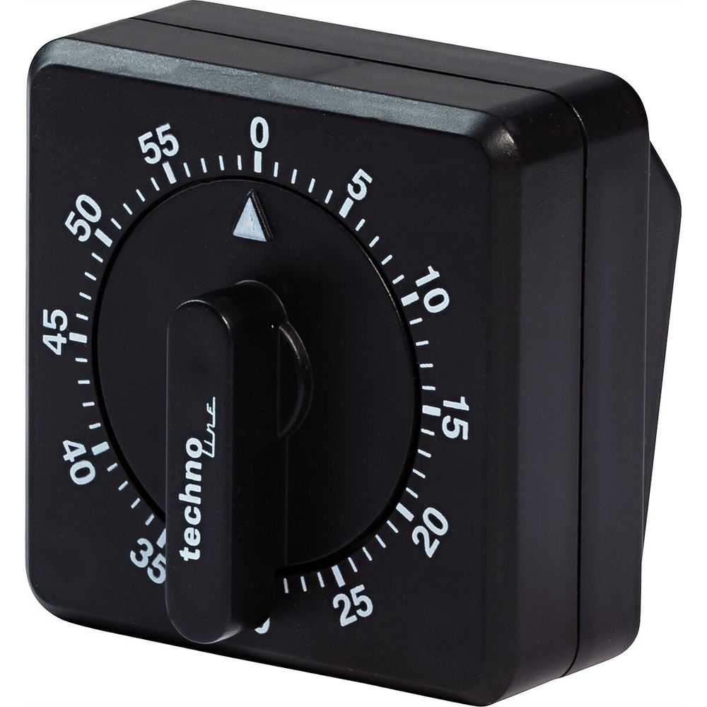 Minuteur mécanique noir avec une échelle de 0-60 et une poignée.