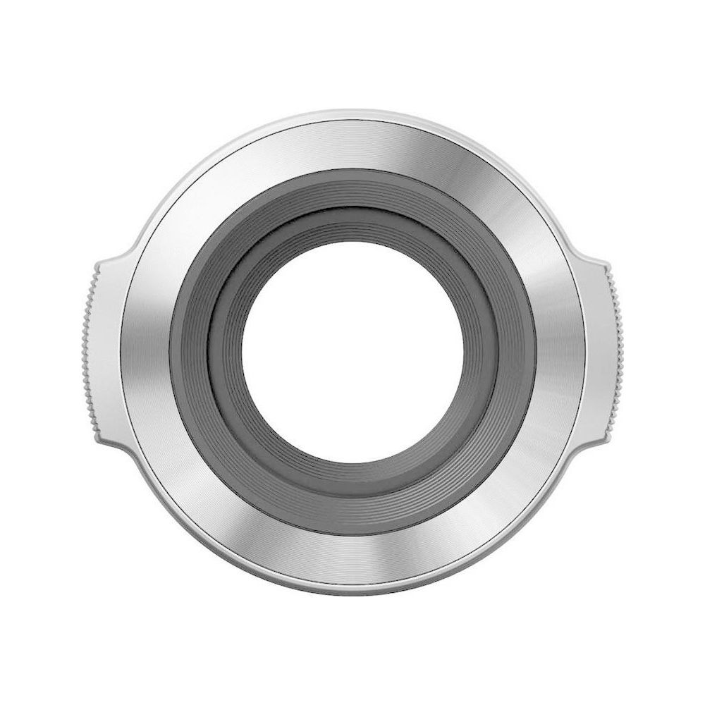 Un anello grigio con cornice in metallo argentato e lati testurizzati.