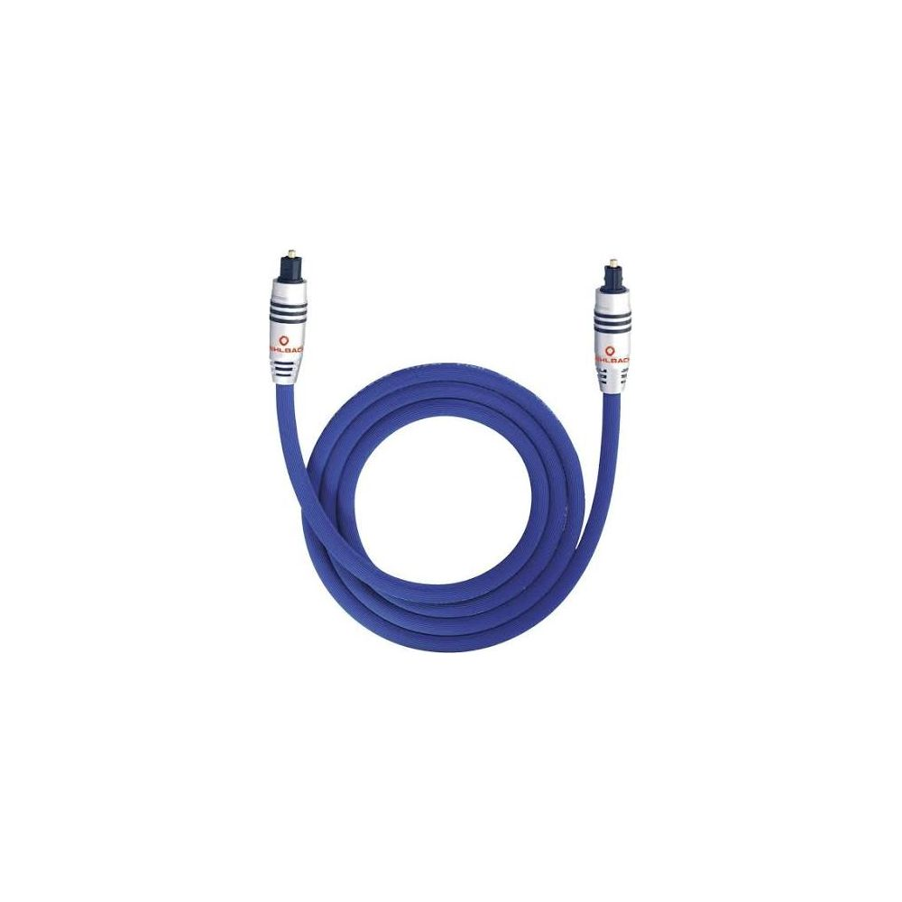 Un câble audio optique bleu avec connecteurs noirs et argentés.