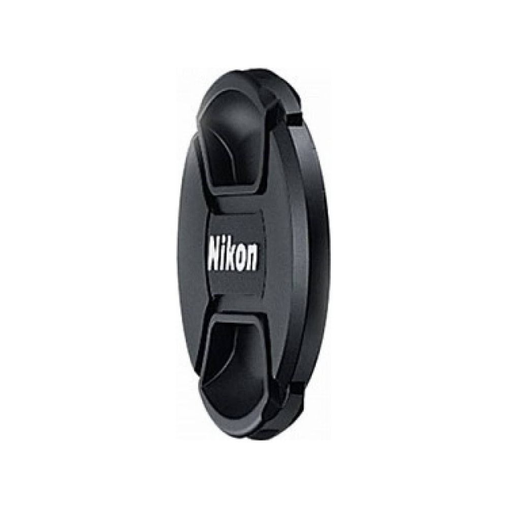 Tappo obiettivo Nikon nero con due impugnature e logo bianco.