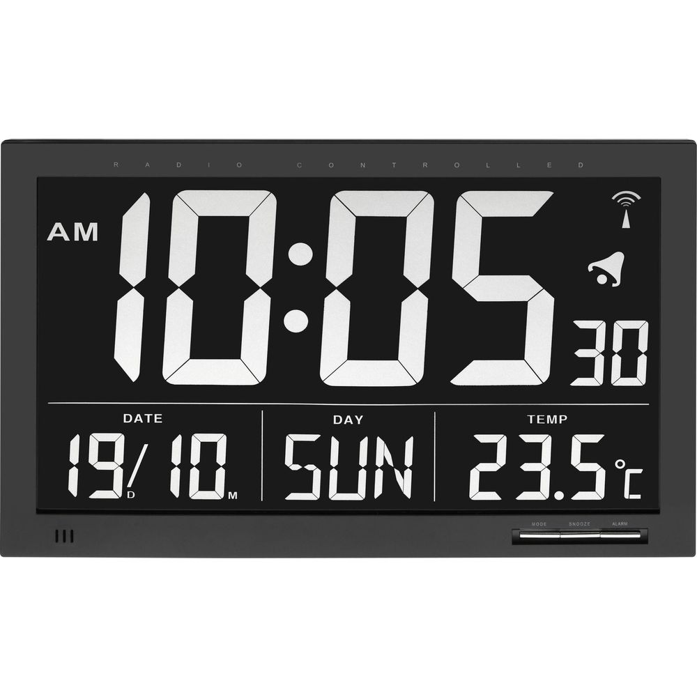 Digitaluhr zeigt 10:05 AM, Datum 19/10, Tag Sonntag, Temperatur 23.5°C.