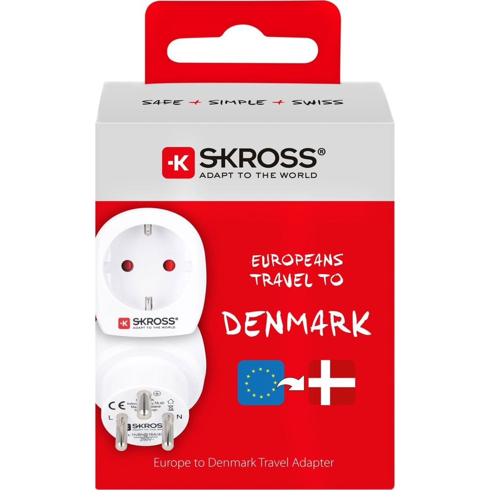SKROSS Reiseadapter für Dänemark mit EU-Stecker. Weiß mit rotem Schriftzug.