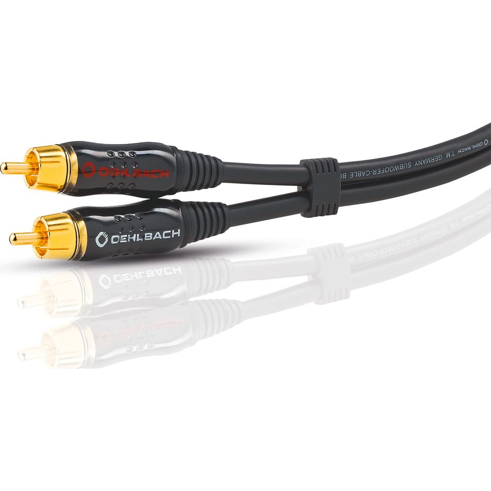 Zwei schwarze Audiokabel mit vergoldeten RCA-Steckern und schwarzem'' Kabelmantel.