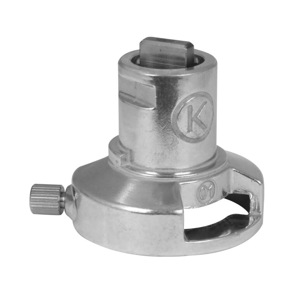 Metalowe narzędzie z logo K i radełkowaną śrubą, na białym tle.