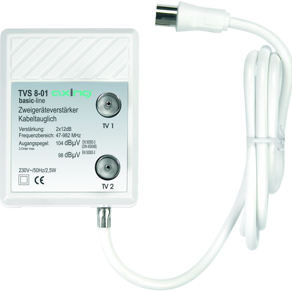 Ein weißer TV-Verstärker mit zwei Ausgängen und einem Kabel.