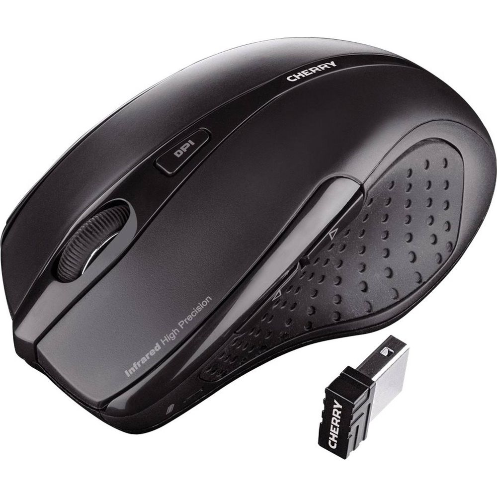 Mouse wireless Cherry nero con rotellina, pulsante DPI e ricevitore USB.
