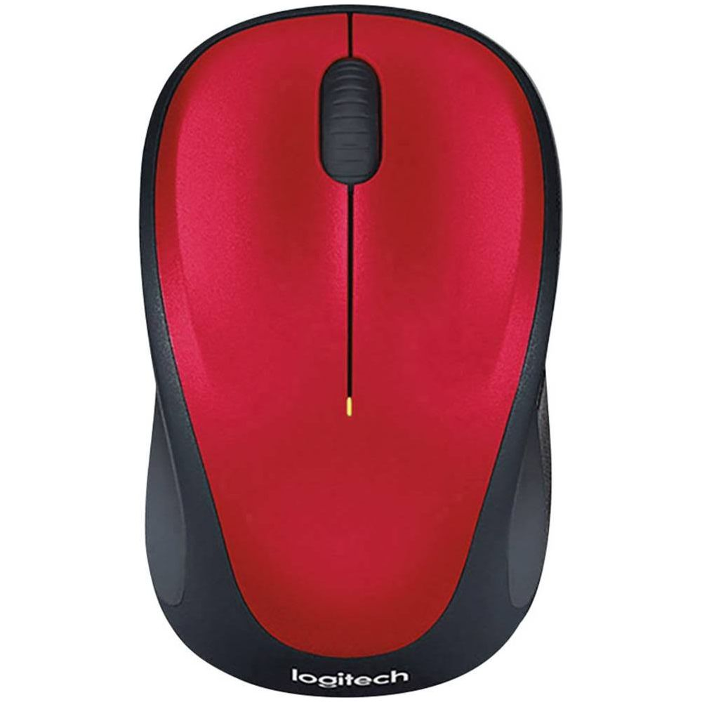Une souris Logitech rouge avec molette noire et un petit voyant jaune.