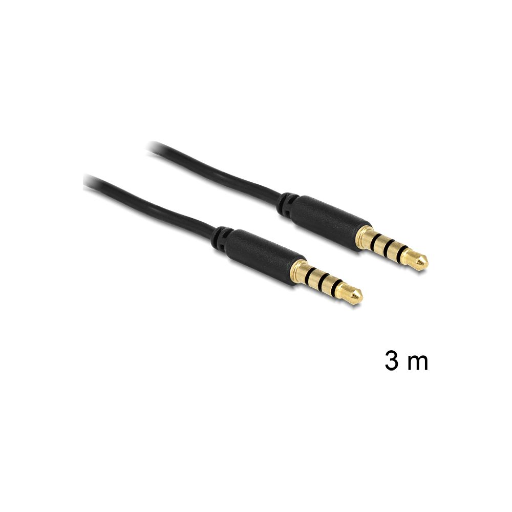 Un cable de audio negro con dos conectores de 3,5 mm y texto "3 m".