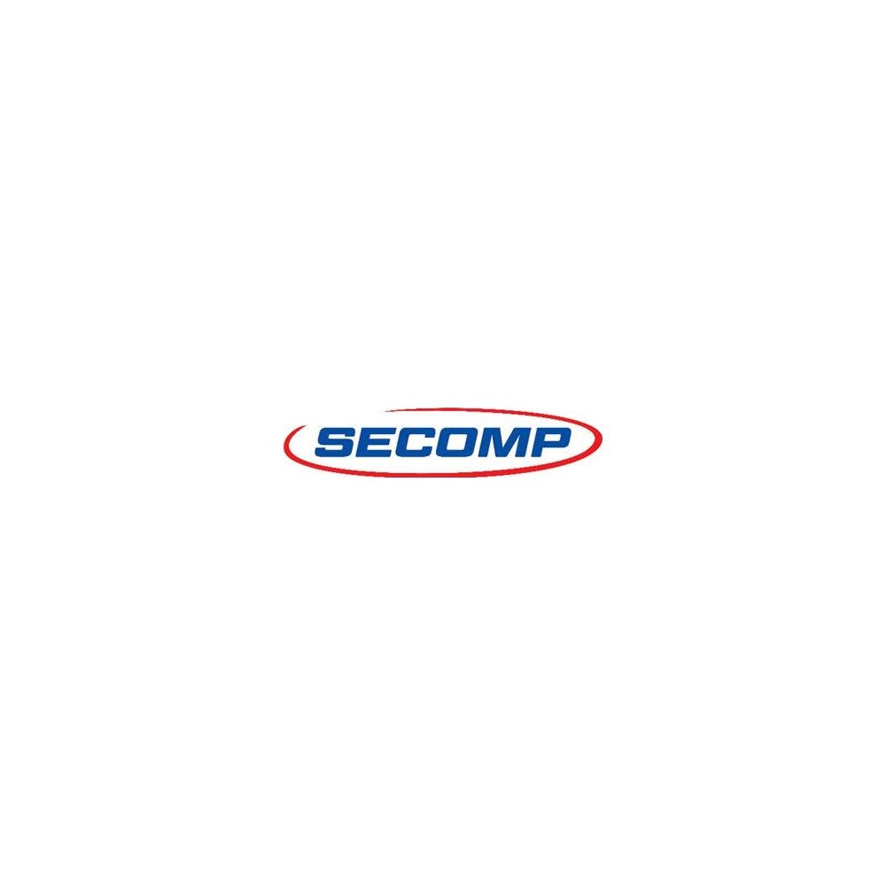 Het SECOMP-logo in blauw met een rode ovale rand op een witte achtergrond.