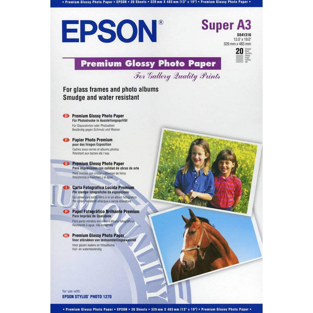 Emballage de papier photo Epson Super A3 avec images d'enfants et d'un cheval.