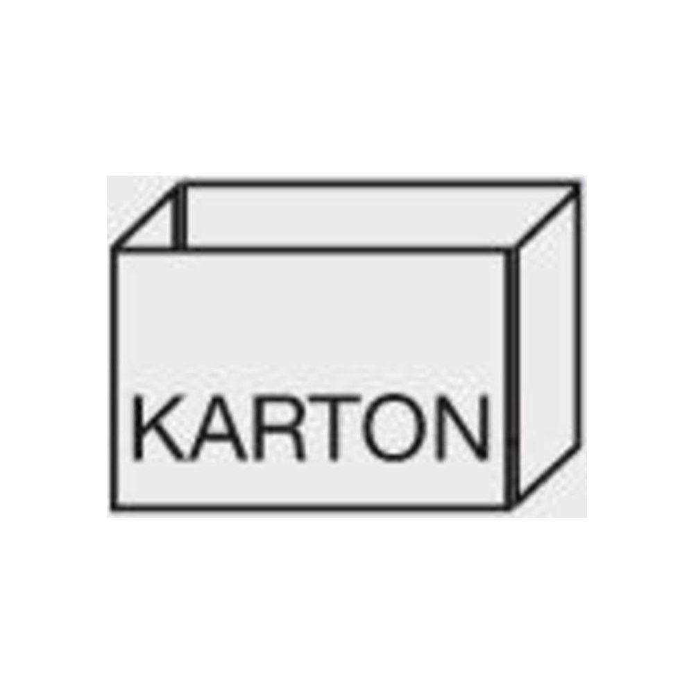 Eine offene graue Pappschachtel mit der Aufschrift KARTON.