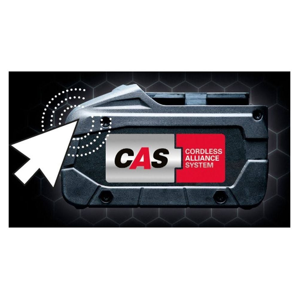 Ein schwarzer Akku mit einem roten CAS-Logo und "CORDLESS ALLIANCE SYSTEM".