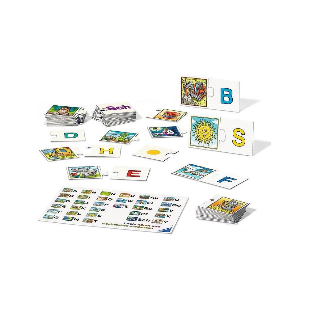 Kolorowe puzzle do nauki liter ze zdjęciami zwierząt i przedmiotów.