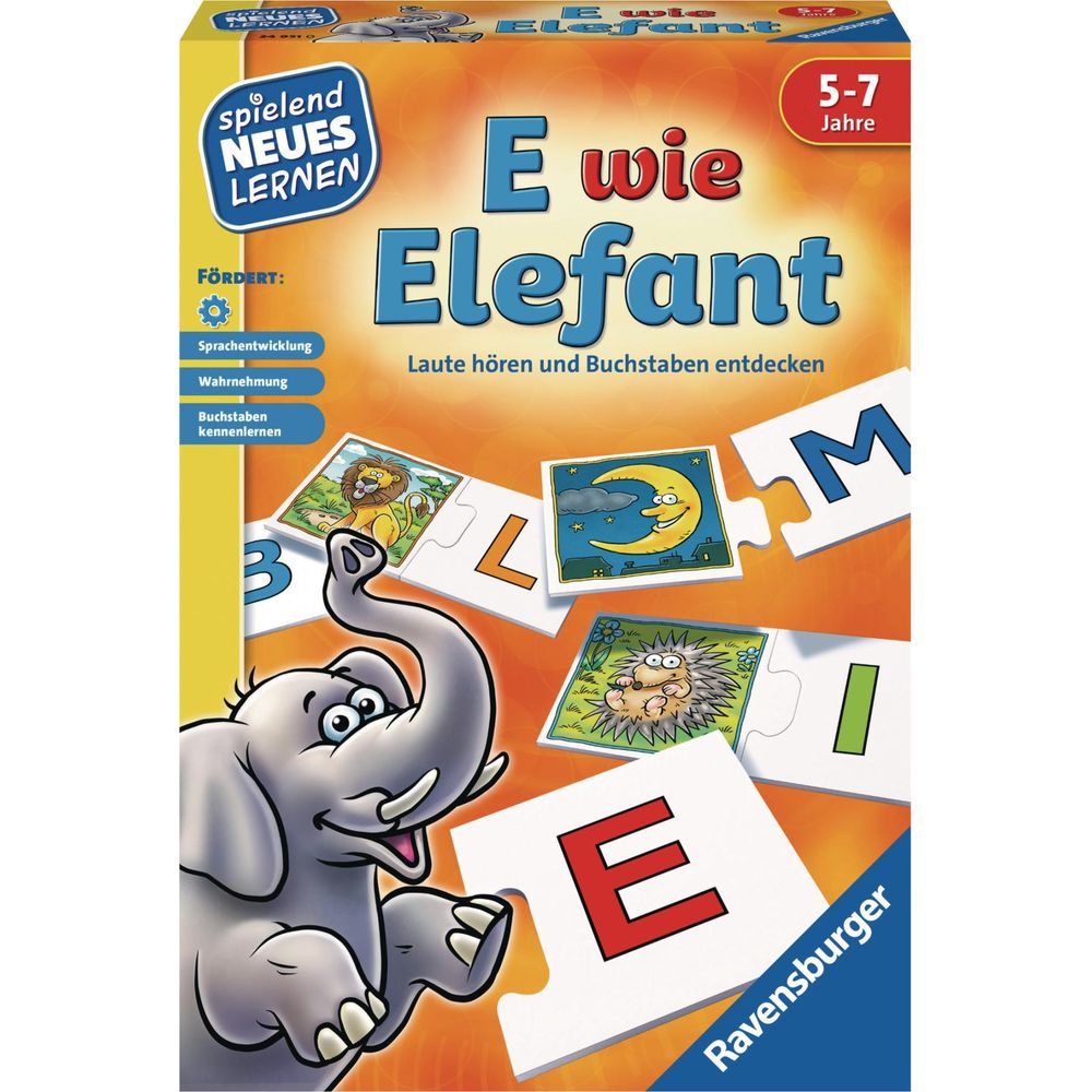 Pudełko gry z słoniem, literami i zwierzętami dla dzieci od 5 lat.