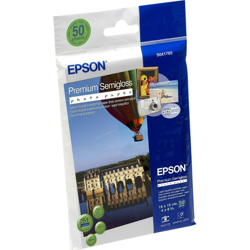 Epson Premium Semigloss Fotopapier-Verpackung mit Bildern von Heißluftballons, Schloss und Strand.