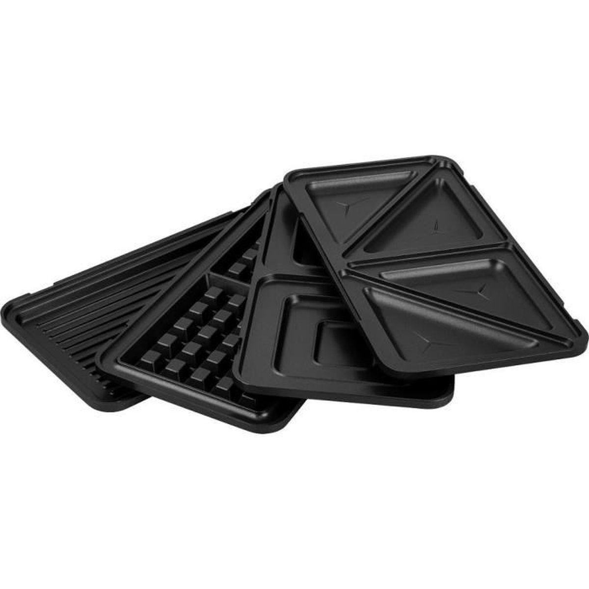 Drei schwarze, rechteckige Grillplatten für ein Sandwichgerät.