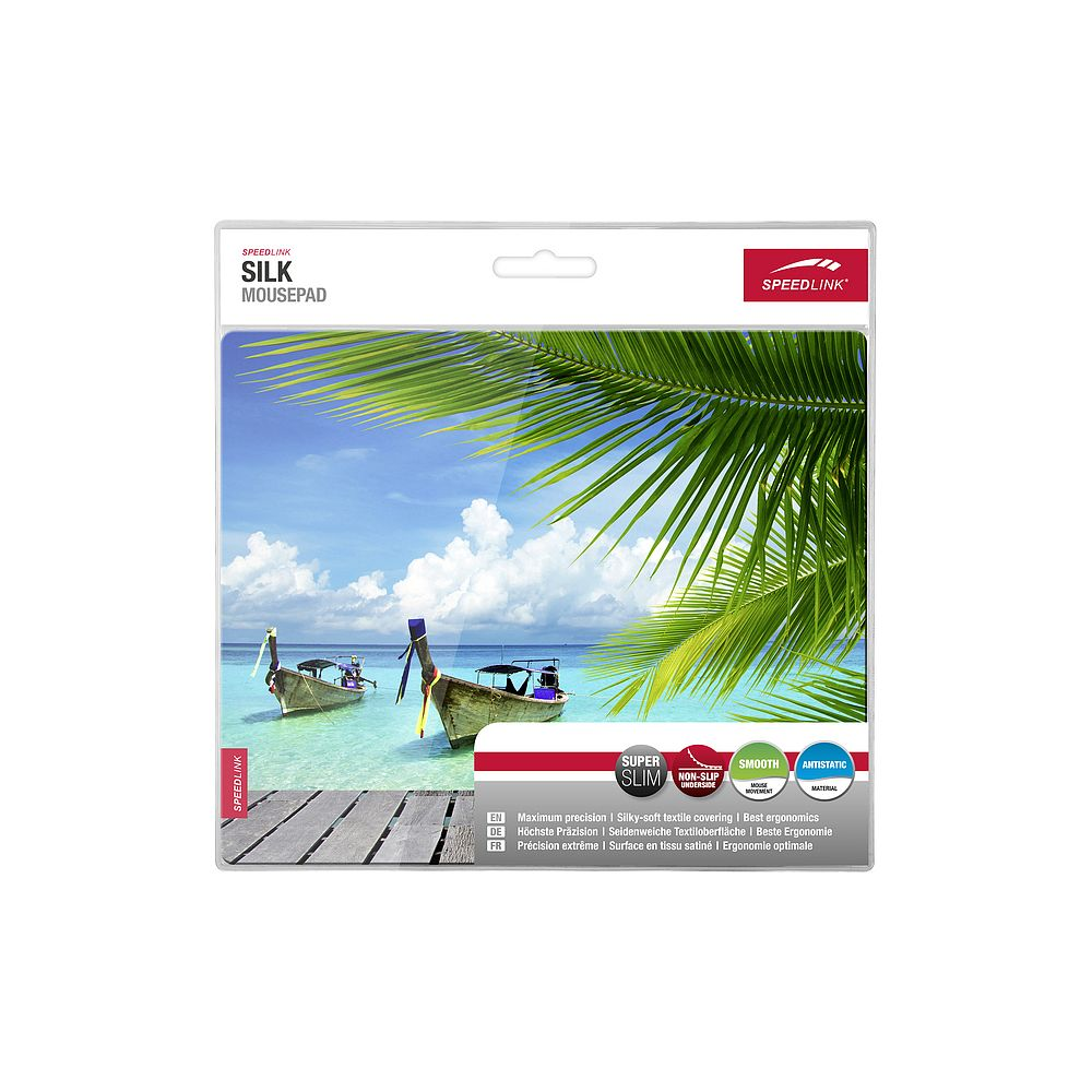 Speedlink Silk Mousepad mit tropischem Strandmotiv und zwei Booten.