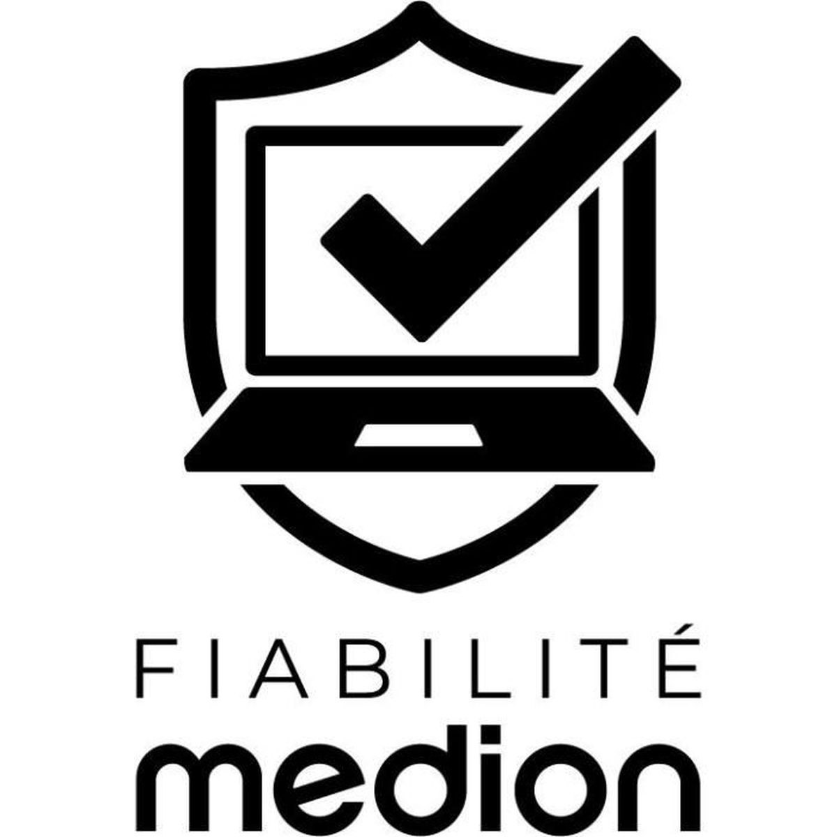Un escudo con una laptop y una marca de verificación. Debajo dice FIABILITÉ MEDION.