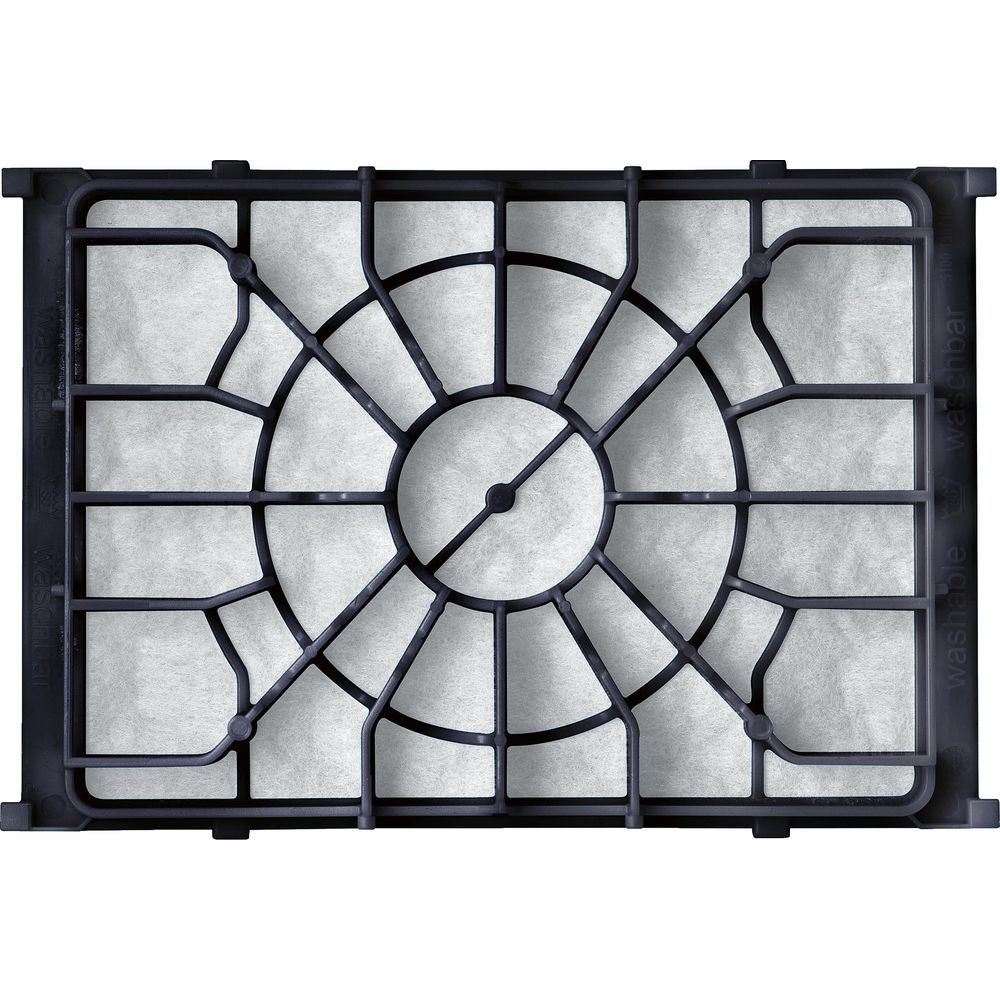 Una cornice filtro rettangolare nera con un motivo a ruota in materiale filtrante.
