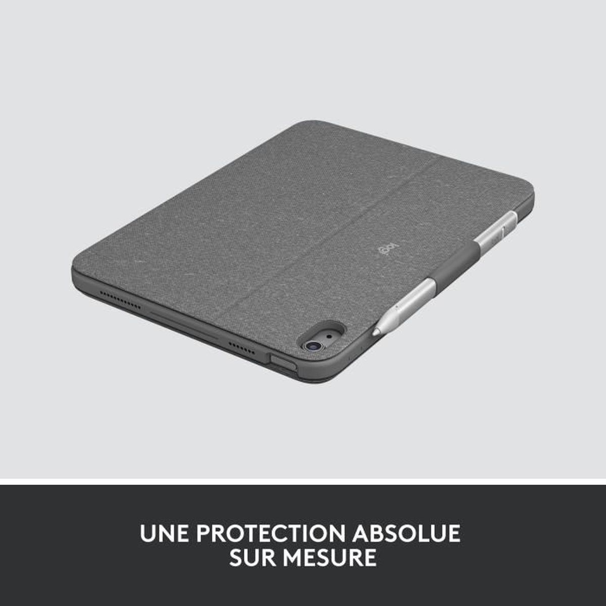 Custodia grigia per tablet con portapenne e logo Logitech.