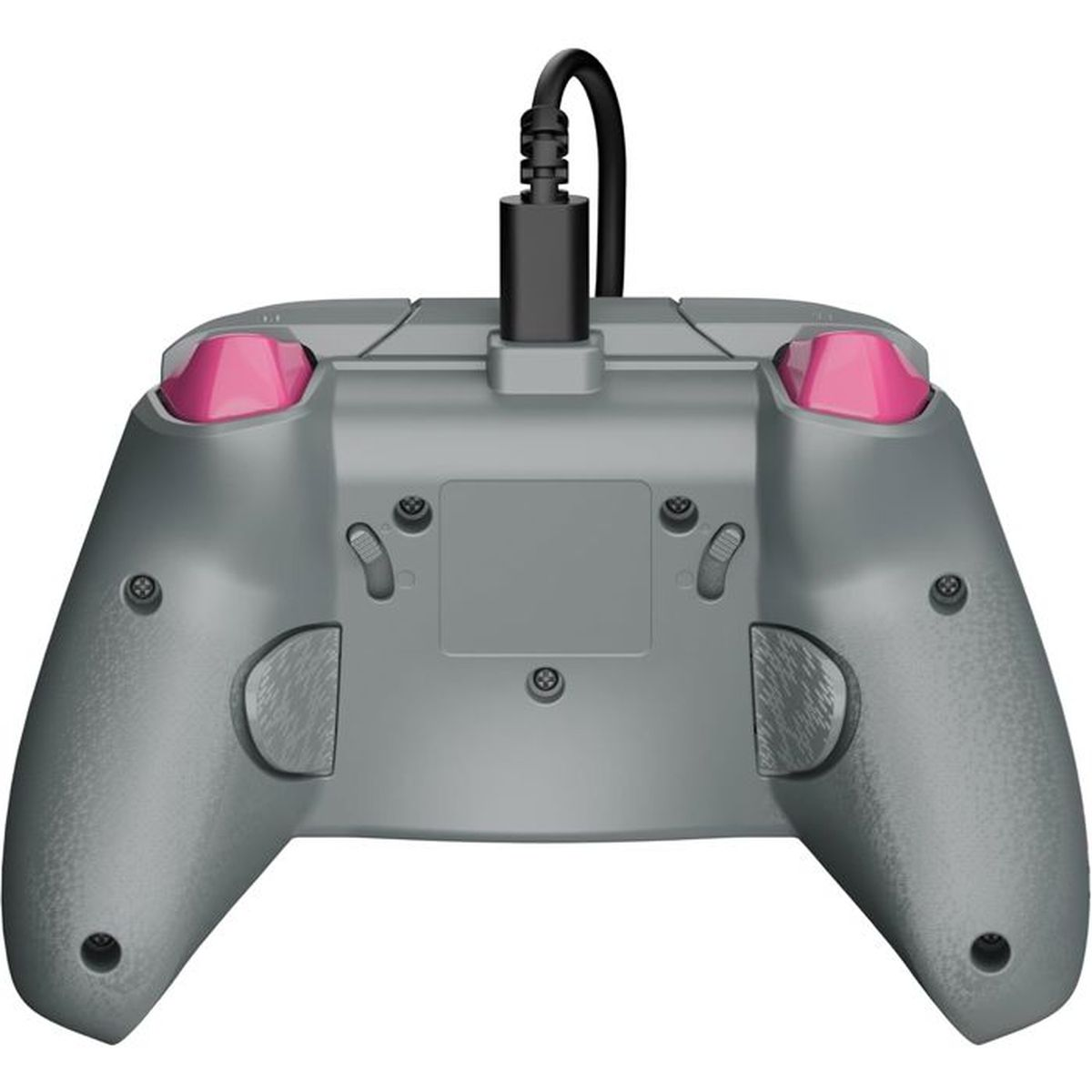 Grauer Gaming-Controller mit rosa Knöpfen und schwarzem Kabel.