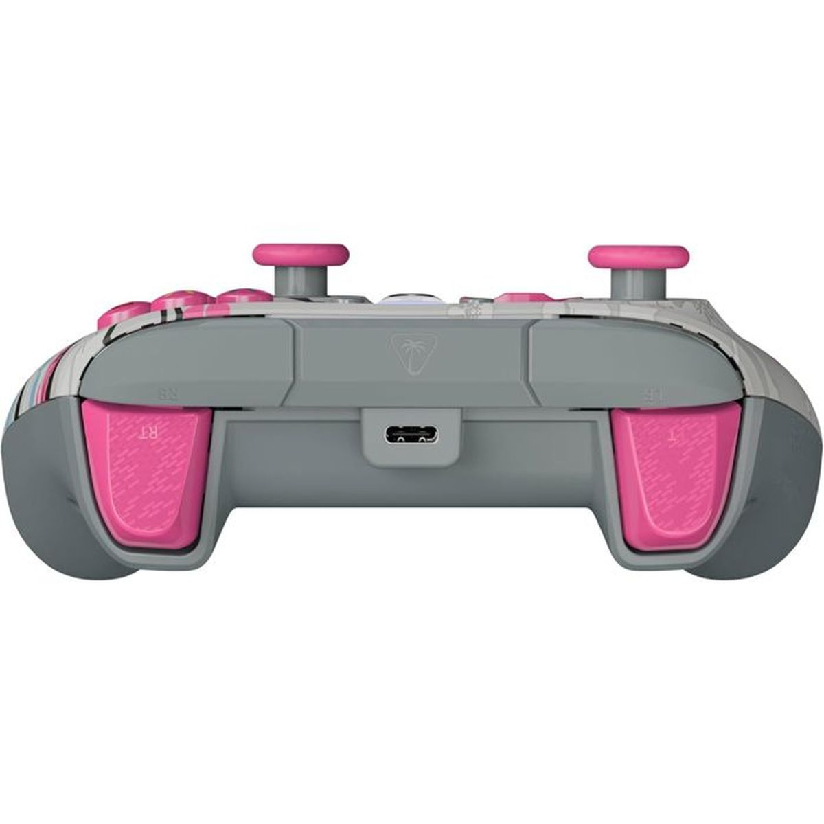 Grauer Controller mit rosa Akzenten, USB-C-Anschluss und Knöpfen.