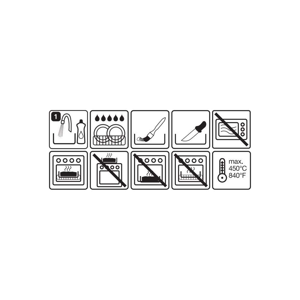 Symboles : liquide vaisselle, vaisselle, pinceau, couteau, cuisinière (interdit), four (interdit), thermomètre.