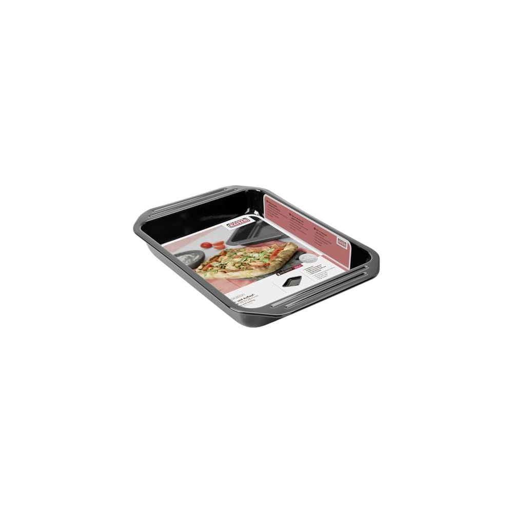 Un plat de cuisson noir avec une image de pizza dessus, avec des étiquettes.