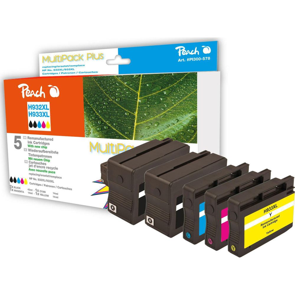 Cartucce d'inchiostro "MultiPack Plus" Peach con motivo a foglia. Quattro cartucce una accanto all'altra.