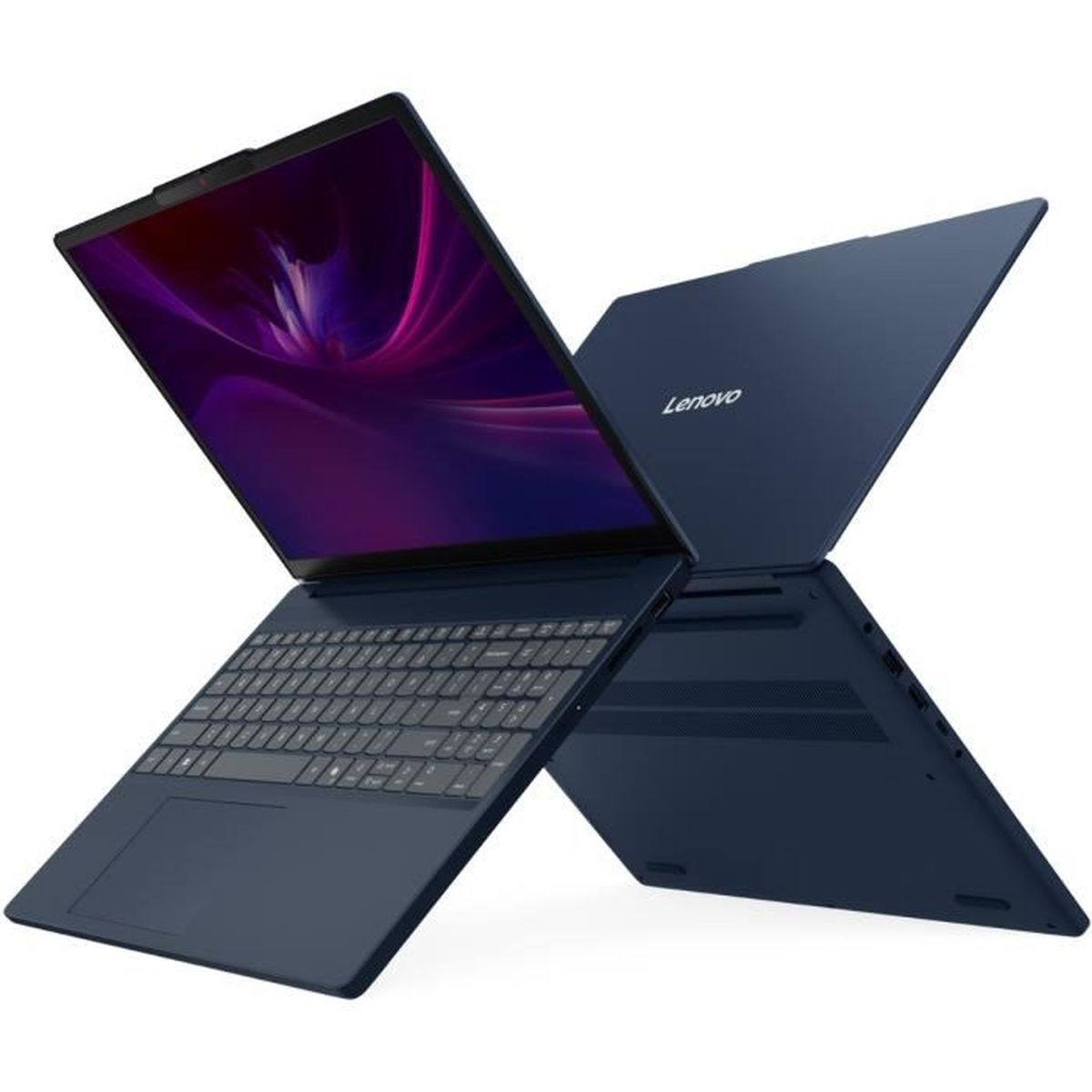 Dwa granatowe laptopy z otwartymi ekranami, jeden z logo Lenovo.