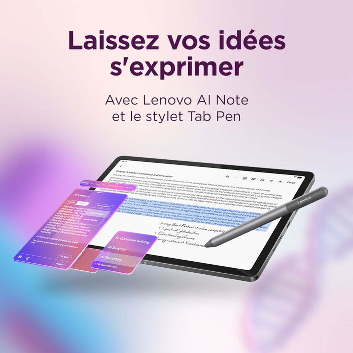 Tablet ze stylusem wyświetla tekst i notatki SI, z nałożonym tekstem po francusku.