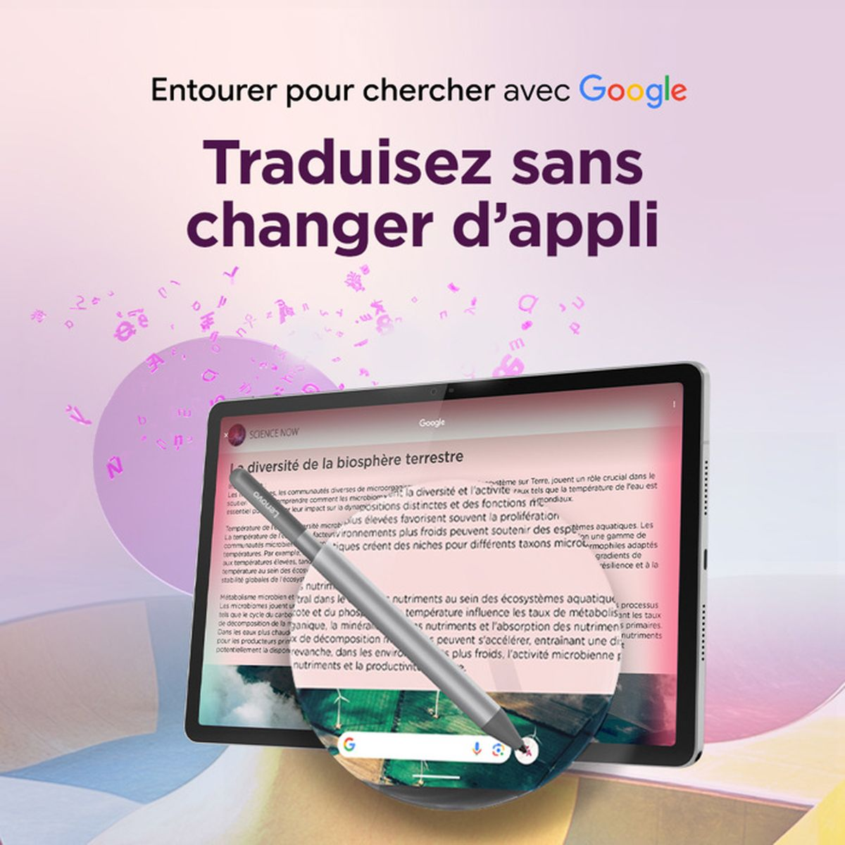 Tablet wyświetla artykuł o różnorodności biosfery Ziemi z rysikiem. Tekst: Tłumacz bez przełączania aplikacji.