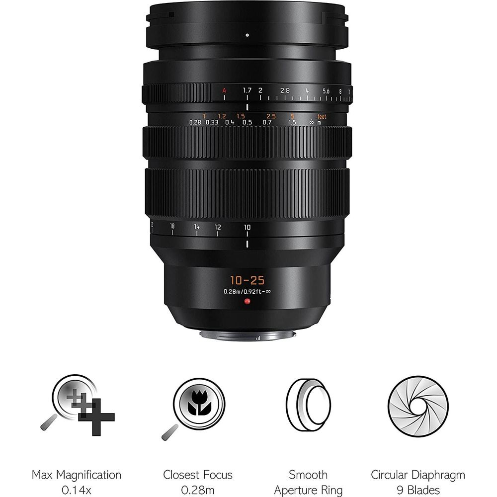 Czarny obiektyw aparatu z pier&scaron;cieniami ostro&scaron;ci i przysłony, ikony poni&ldots;ej dla powi&auml;kszenia, ostro&scaron;ci, przysłony.